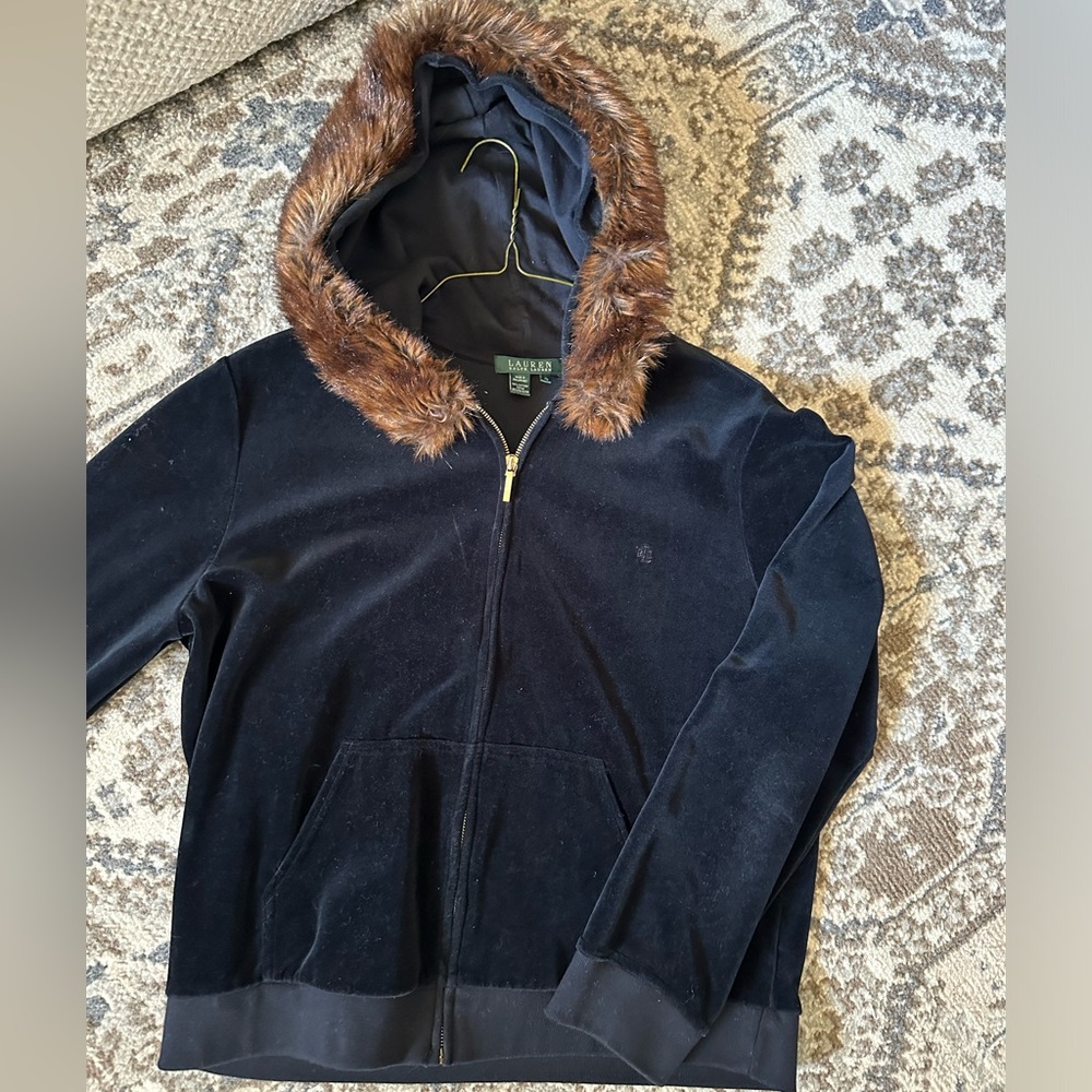 Ralph Lauren Black Bomber Jacket with Plush Collar